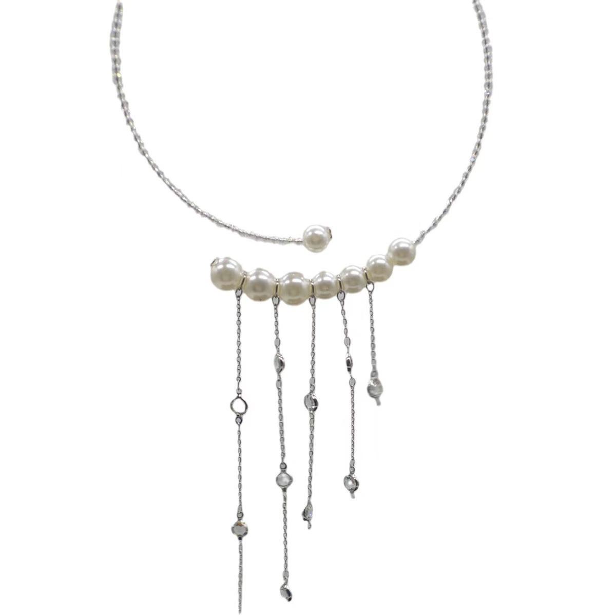 

Niche design pearl rhinestone fringed collar high-end light luxury personality temperament elegant pendant open collarbone chain women