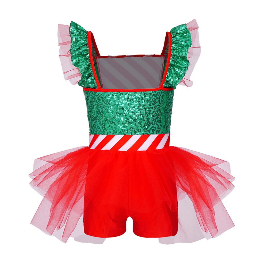 Sequins Candy Cane Stripe Tulle Dress for Girls Ruffle Sleeves Bowknot Built-in Shorts Christmas Stage Theme Party Costume