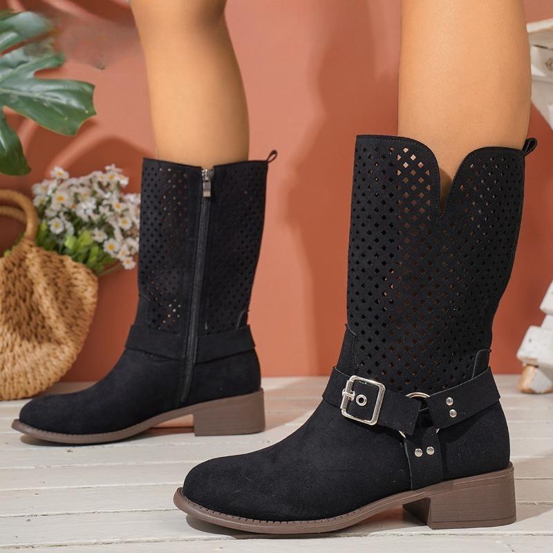 Women Mid-Calf Boots Retro Ethnic Style Summer Cool Boots Breathable Hollow Out Mesh Boot Classic Western Cowboy Boots for Women