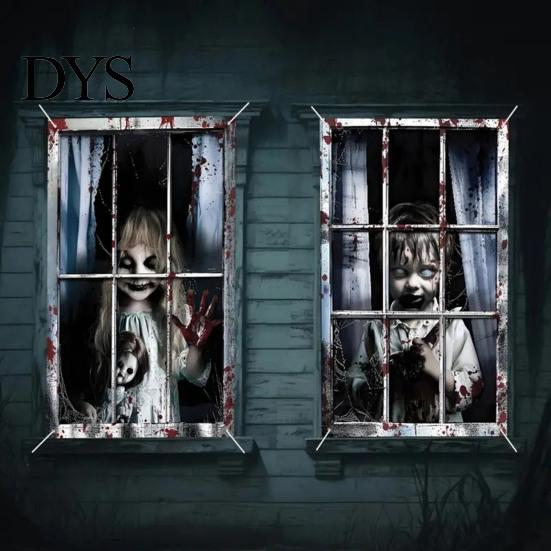 Festive Scene Layout 2Pcs Halloween Horror Window Clings, 80x120cm Spooky Ghost Skeleton Decorative Balcony Stickers Decal for Glass, Haunted