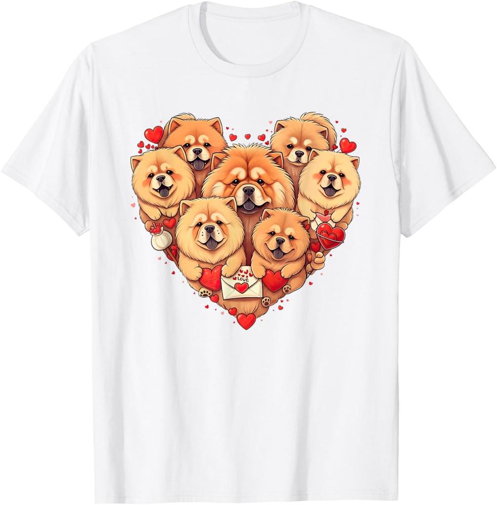 Chow Chow Heart Valentine Dogs Graphic Tee Short Sleeve Crewneck Casual Cotton T-Shirt for Men Women
