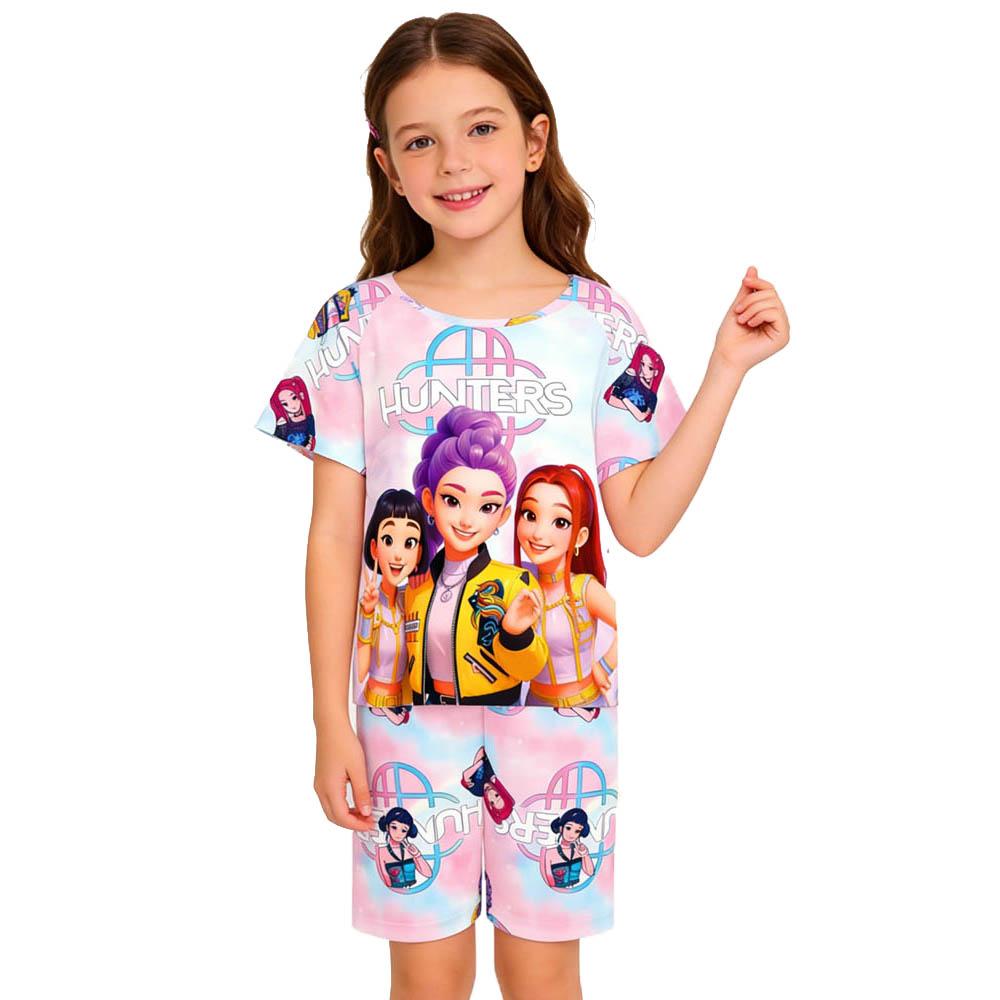 Fashion Fun Cartoon Devil Hunter Print Kids T-shirt and Shorts 2 Piece Set Summer Casual Outdoor Boy's and Girl's Outfit Set
