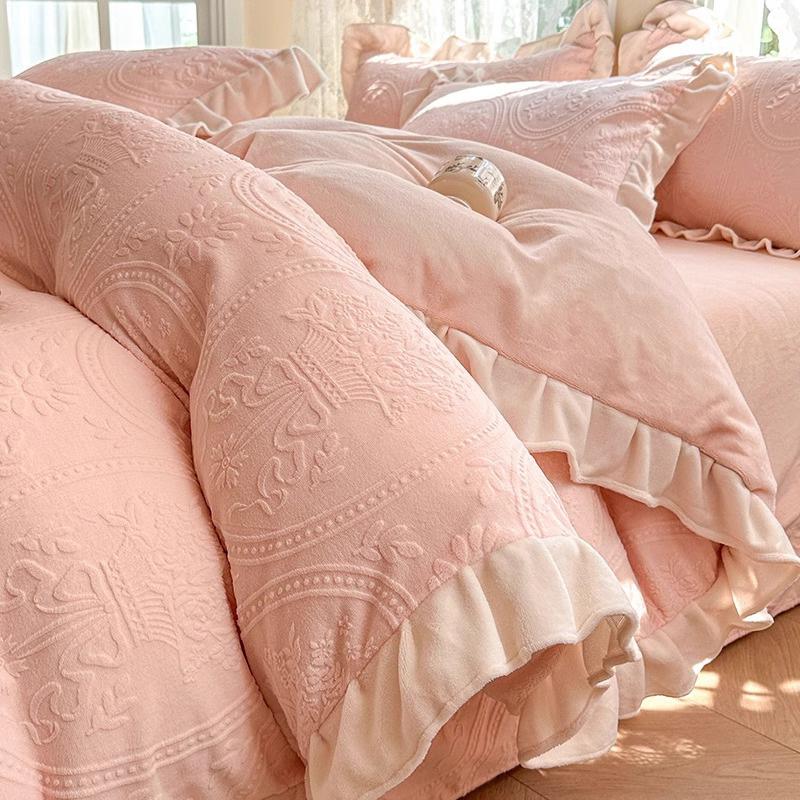 Double-Sided Thickened Milk Coral Fleece Bed Four-Piece Set Flannel Bedding Bed Skirt Fleece Sheet Quilt Cover