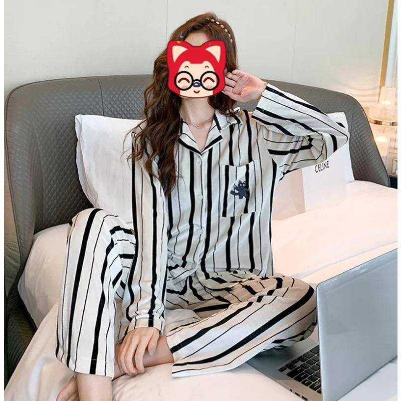 Couple Student Pajamas Ladies Artificial Ice Silk Thin Lapel Long-sleeved Long Pants Spring and Autumn Summer Homewear Cartoon