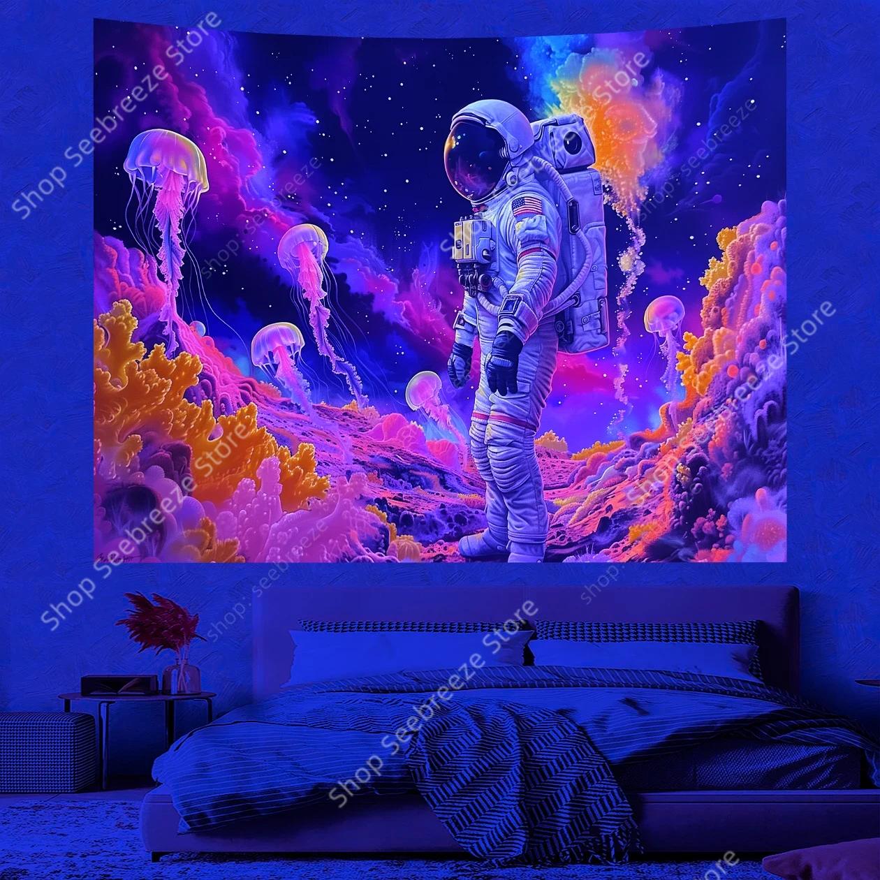 Astronaut Jellyfish UV Reactive Tapestry Bedroom Aesthetic Neon Space Galaxy Trippy Tapestry for Living Room Poster Party Decor 100X70CM