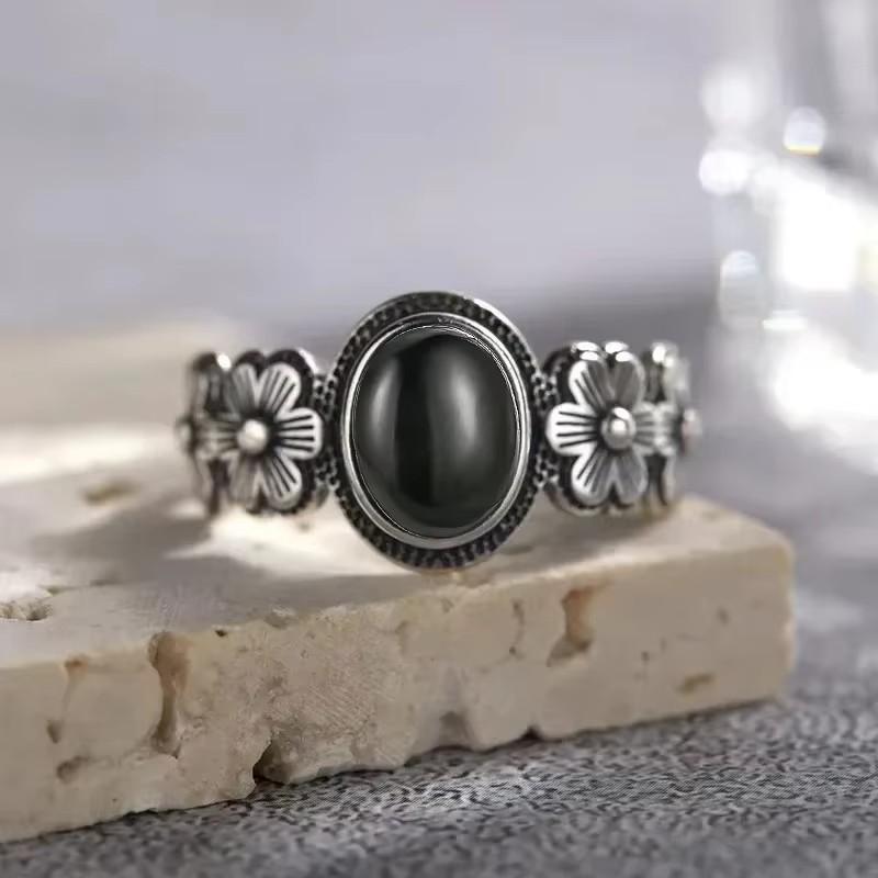 Vintage 925 Sterling Copper Ring Natural Black Onyx Ring Oval Round Stone Retro Fine Zircon Gift Sun Shaped For Women Men