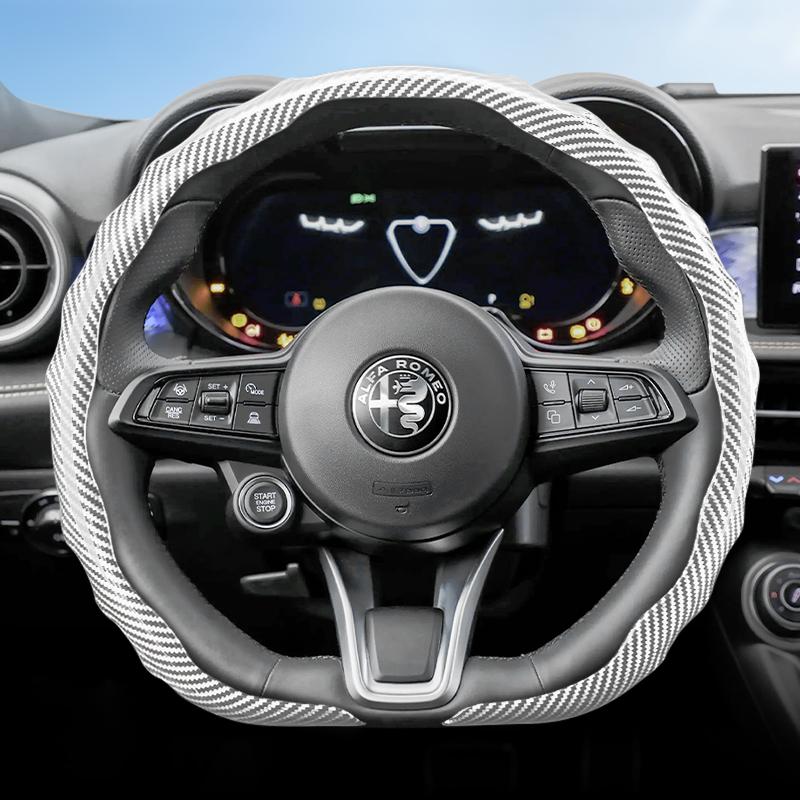 Suitable for Alfa Romeo Carbon Fiber Texture Steering Wheel Cover Snap-On Wave-Shaped Sports Design Protective Case Giulia 952 Stelvio 