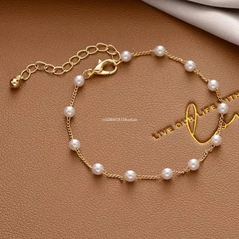 A Simple and Elegant Women's Imitation Pearl Bracelet, Gold Bead Necklace, Gothic Bracelet, Fashion Gift Jewelry
