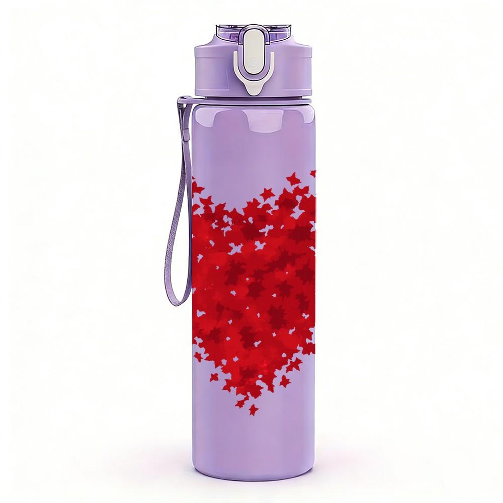 1PC Scattered Red Heart Texture Print 750ml Color Plastic Sports Water Bottle Leakproof Flip Straw Lid Suitable for Sports Office Home Use