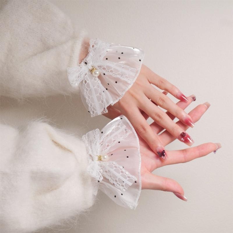Elegant Lace Sleeves Wrist Cuffs with Artificial Pearls And Bowknot Decors For Daily Outfit Various Event Dressingup
