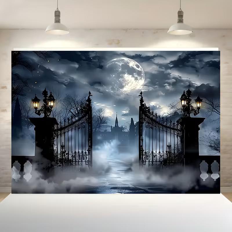 2D Foggy Night Cemetery Gate Backdrop with Full Moon and Spooky Mansion Background