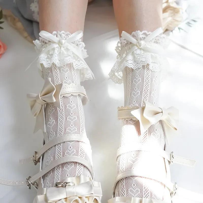 Damen Sommer Frühling Baumwollsocken Dünne Weiße Lolita Spitze Strumpf Schwarz Jk Schleife Süße Wadenlange Socken Süßer Stil Mädchen Geschenk One Size gray