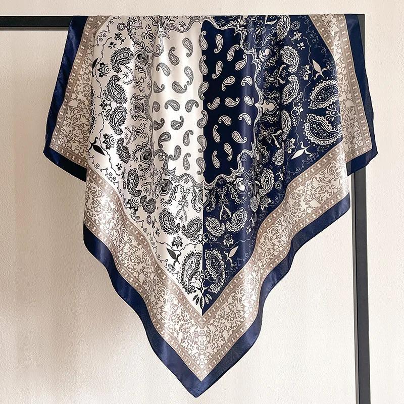 New Spring/Summer Orange Imitation Silk Neckerchief Outdoor Decoration Wraps for Women 90*90cm Cashew Print Square Scarf