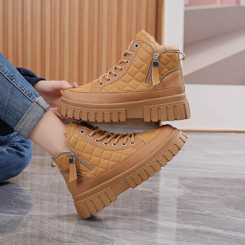

Мода 2025 Женские ботинки Зима Новые Высокие Женские Плюшевые Теплые Студенческие Хлопковые Ботинки на Толстой Подошве На Шнуровке Увеличивающие Рост Хлопковые Ботинки 35 хаки