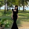 Hepburn style French temperament summer new pleated pure waist short sleeve hip wrap fishtail dress drape long dress