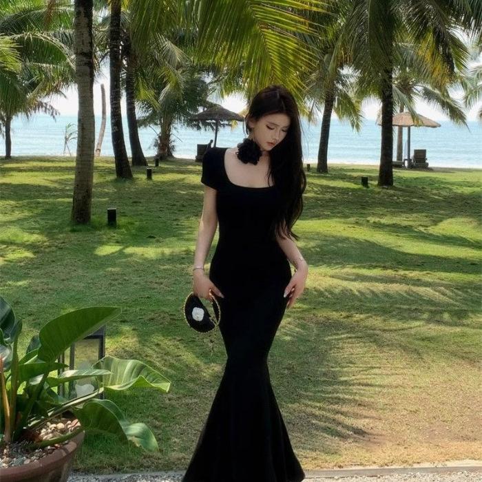 Hepburn style French temperament summer new pleated pure waist short sleeve hip wrap fishtail dress drape long dress