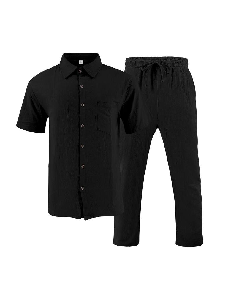 Men's Linen Beach Casual Set: Short Sleeve Shirt & Long Pants Summer Collection