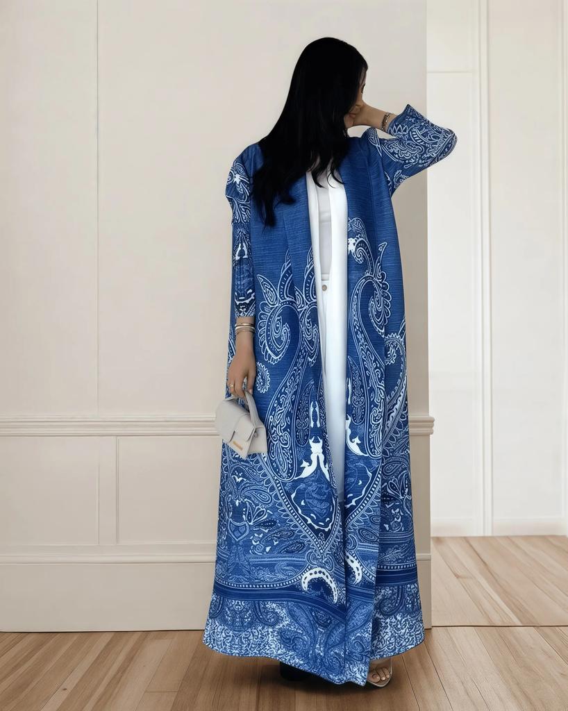 Fold Elegant Vintage Print Open Front Miyake Abaya, Lightweight Flowy Loose Fit Women's Modest Fashion Long Kimono Cardigan