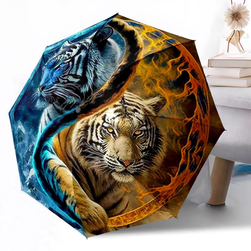 Tiger Yin Yang Artwork Outdoor Automatic Umbrella Retractable Design with 8-Rib Durability Lightweight Perfect Gift for Friends Family