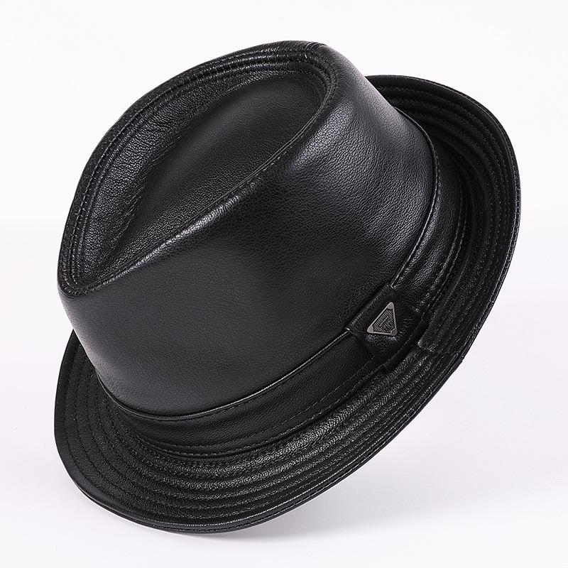 Men's Cowhide Fedora Hat - Autumn/Winter Retro Leather Gentleman's Jazz Cap for Middle-Aged & Elderly