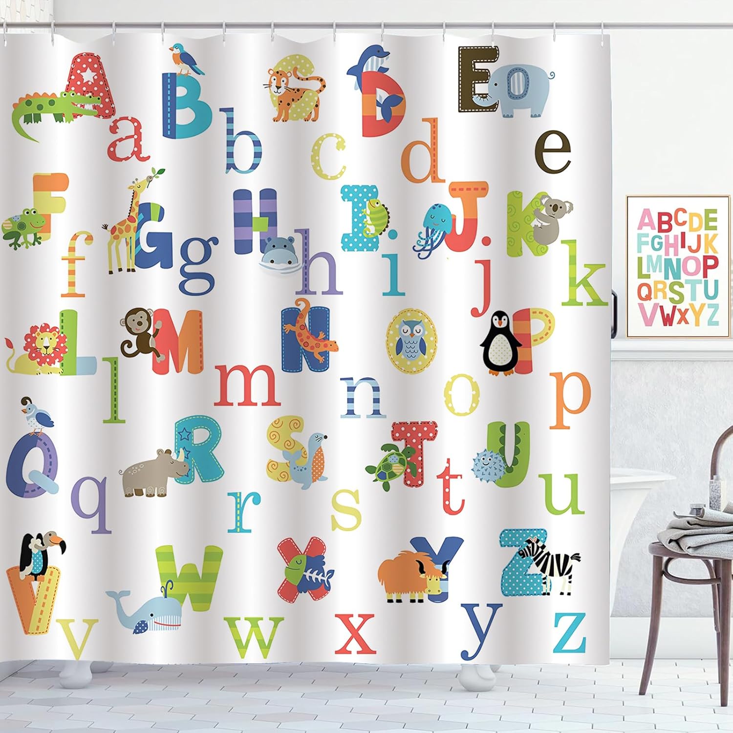 

Kids Abc Animal Alphabet Shower Curtain With Educational Learning Pattern,Waterproof Polyester Fabric For Toddler Bathroom Decor W60H190(CM)-1 Pcs