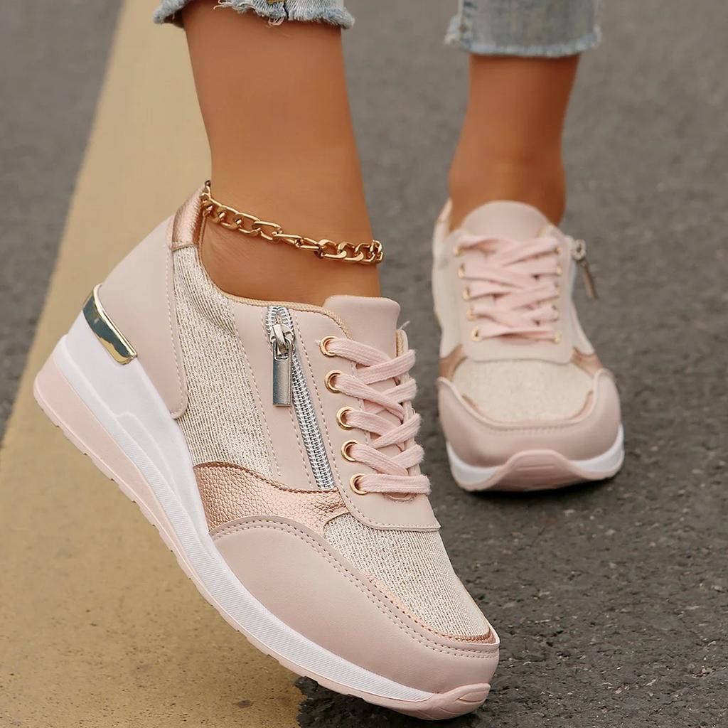 2026 New Large Size Women's Sneakers Spring Autumn Slope Heel Side Zipper Footwear Thick Bottom Lace Up Casual Sports Shoes