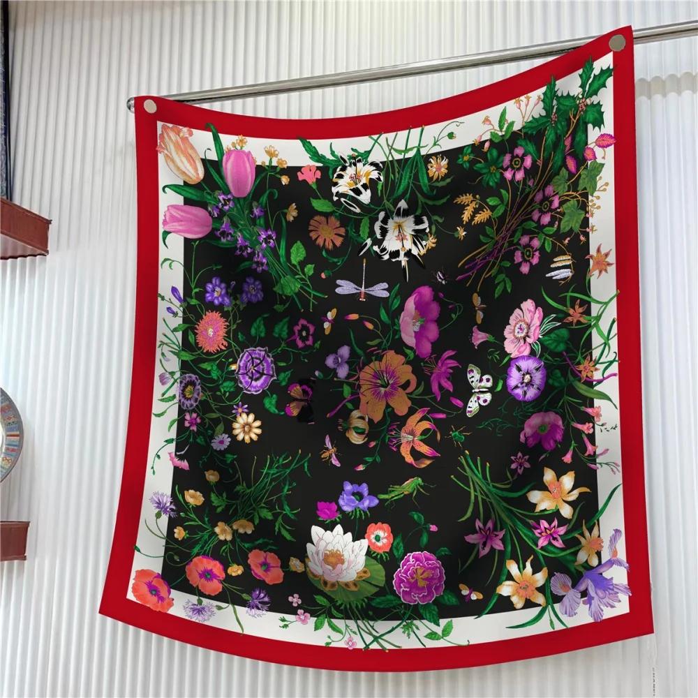 Silk Scarf Women Floral Printed Square Scarves Head Echarpes Silk Foulards Femme Wraps Beach Shawls Bandana Lady Hijabs 90CM