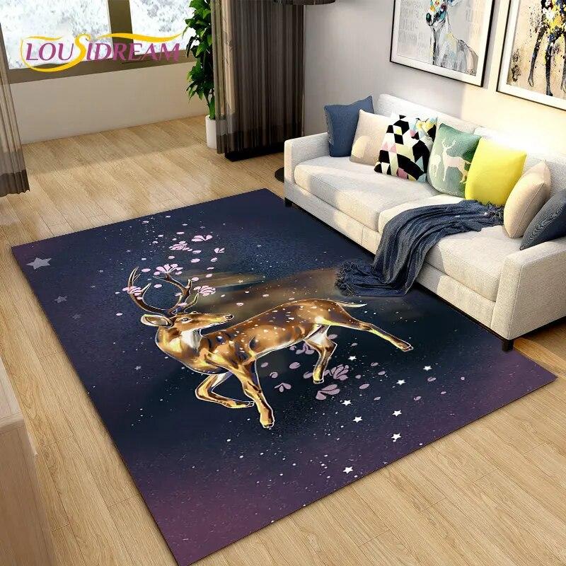 3D Cartoon Nordic Elk Reindeer Area Rug,Carpet Rug for Living Room Bedroom Sofa Doormat Decoration,Child Play Non-slip Floor Mat