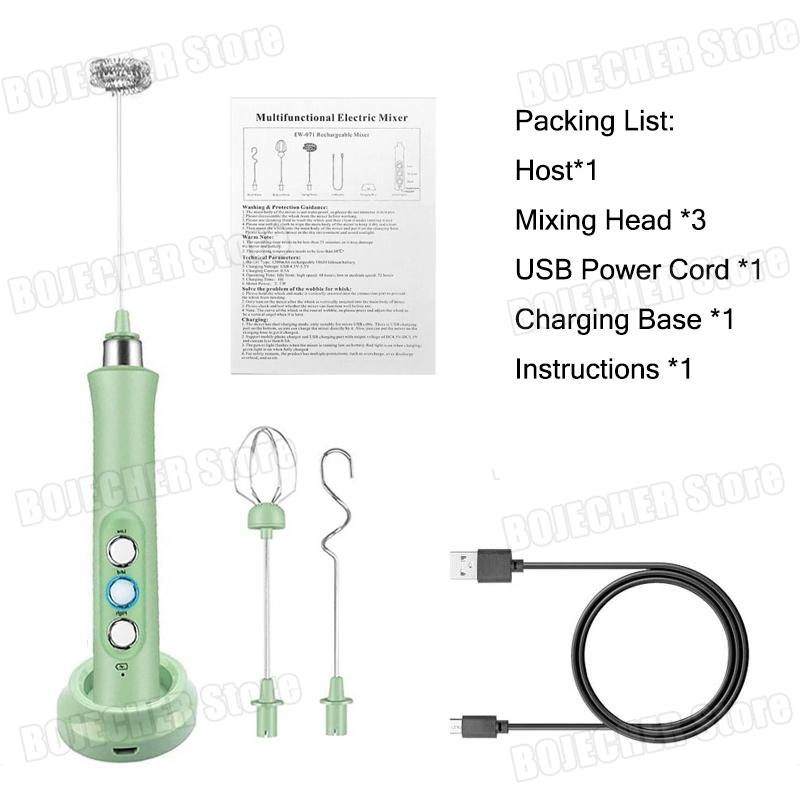 

Беспроводной ручной электрический вспениватель молока 3 в 1, перезаряжаемый, 3-скоростной, машина для молочной пены, миксер для кофе, венчик для яиц, вспениватель для крема зелёный