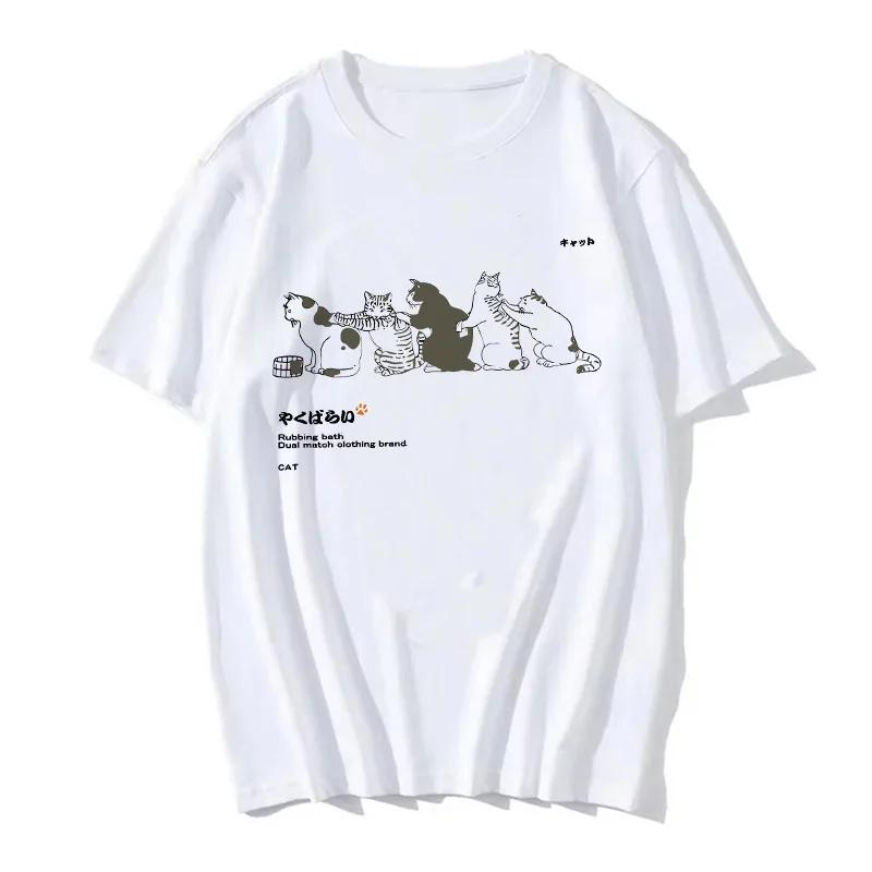 90s Women T Shirt Korean Version Cartoon Cat Group Printed T-Shirt Casual Short Sleeve Couples T-Shirt Funny Cat Streetwear