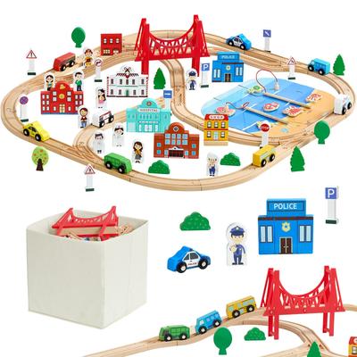 VEVOR 113PCS Wooden Train Set, for Kids Ages 3-8, Wood Train Track Toy with Storage Box, City Scene Railway Playset, Compatible with Major Brands