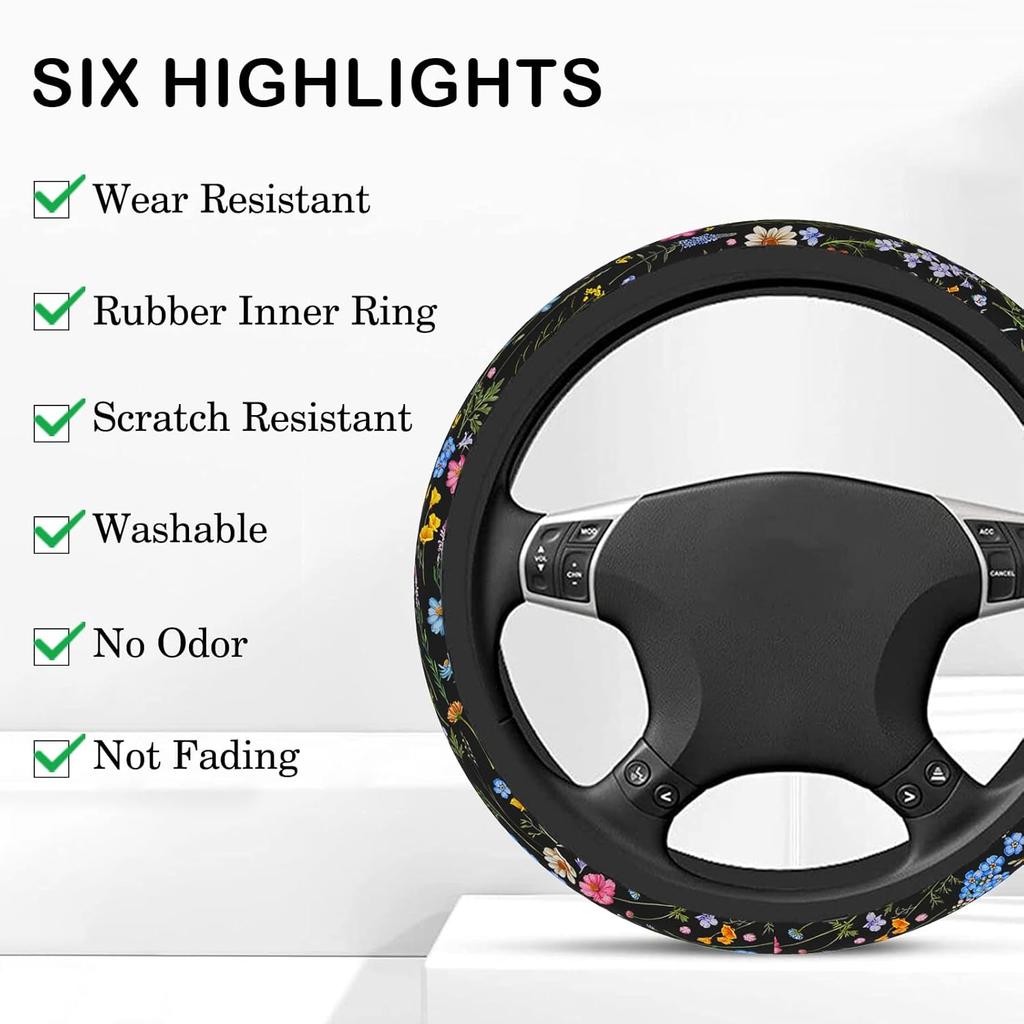 Wildflower Steering Wheel Cover For Women Men, Anti-Slip Breathable And Sweat Absorption Universal 14.5-15 Inch Cute Steering Wheel Protector,