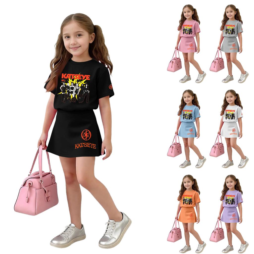 Girls Casual Loose Fit Short Sleeve Crew Neck T-Shirt and Skirt Set Lightweight Comfortable Soft Fabric Suitable for Everyday Wear