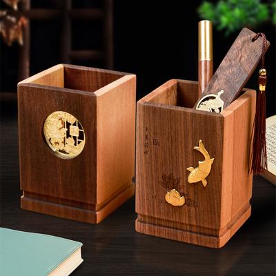 1pc Solid Wood Pen Holder Light Luxury Office Desk Storage Box Vintage National Style Home Office Ornaments Holiday Gifts