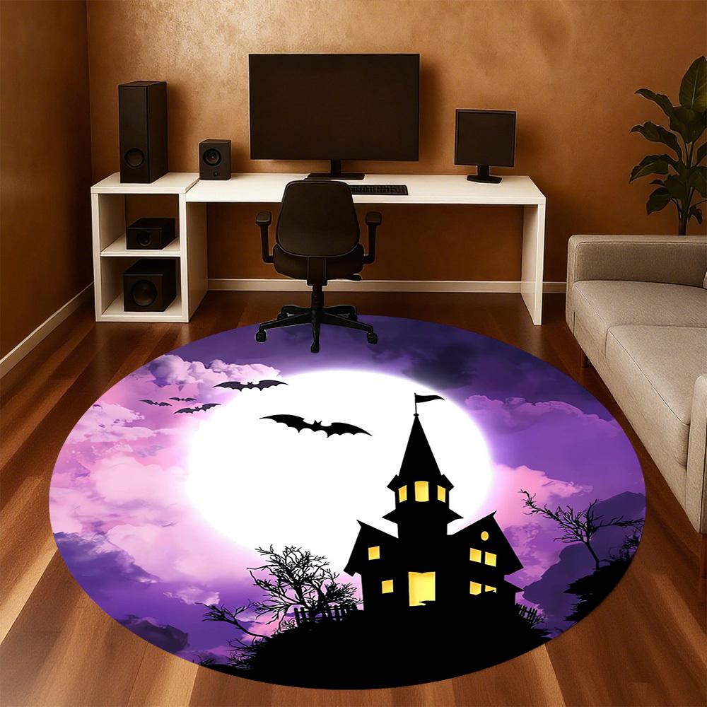 1pc Haunted HouseFull Moon Round Chair mat Area Rug - Non-Slip, Floor Mat for Office, Bedroom, home decor Christmas Gift p0811446