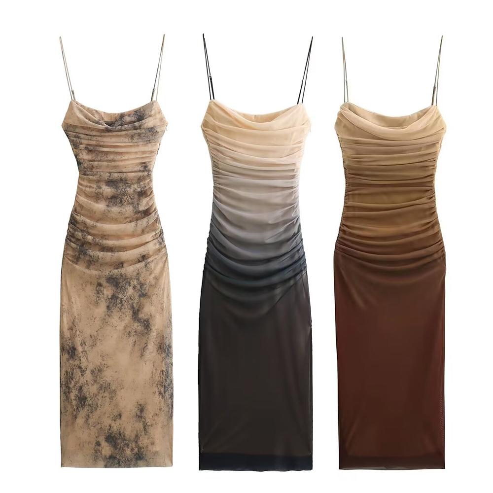 Women's Gradient Printed Tulle Halter Midi Dress Fashion Sexy Backless Spaghetti Strap Dress Summer Party Slim Dresses