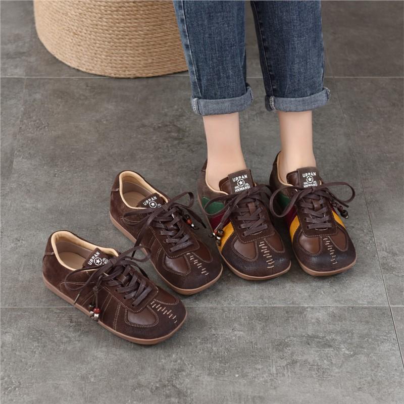 Johnature Flat Lace Up Women's Shoes Genuine Leather Retro Mixed Colors Versatile All Season Shoes