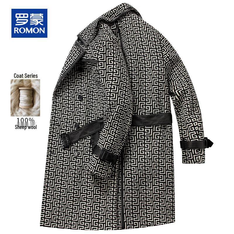 ROMON Men's Autumn/Winter 100% Wool Mid-Length Plaid Overcoat
