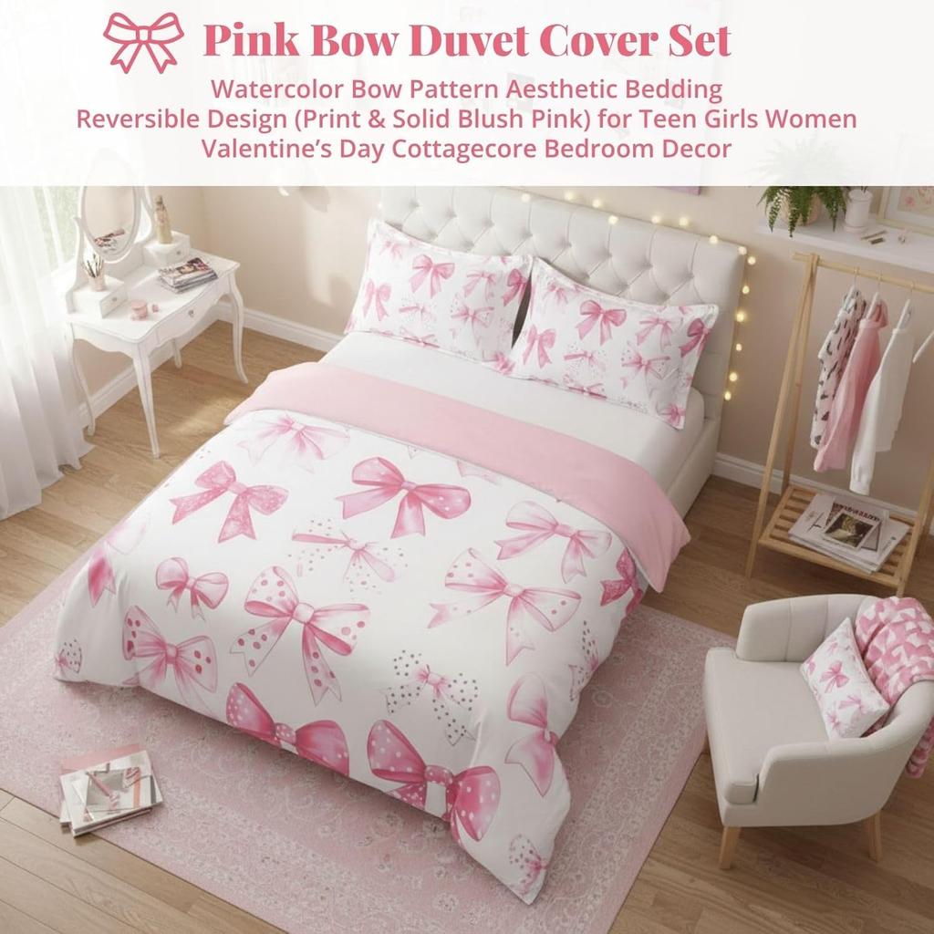 Pink Ribbon Bow Duvet Cover Set Single Size Dreamy Coquette Bedding Set With 1 Pillowcase For Princess Girls