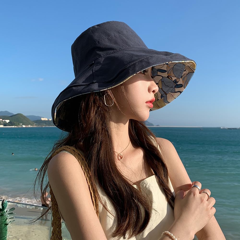Sun UV Reversible Sun Summer Wide Makes Face Look hat01 [saliwind] Women's Hat, Protection, Protection, Hat, Hat, Hat, Drawstring, Cotton, Brim,
