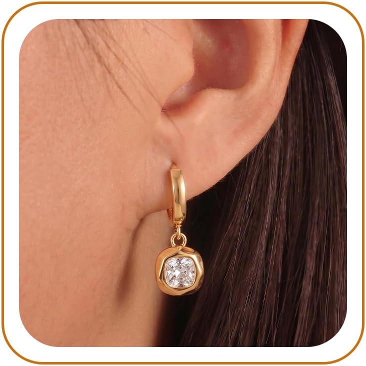 14K Gold Plated Dangle Hoop Earrings for Women Drop Jewelry Gifts | Trendy Chunky Statement Huggie Earring Cubic Zirconia Crystal Charm Lightweight