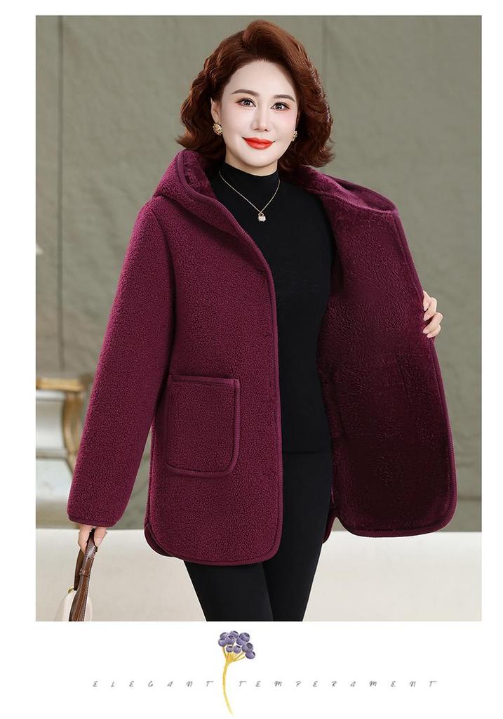 Mom's Fashionable Winter Hooded Fleece Lined Cotton Jacket for Middle-Aged & Elderly Women