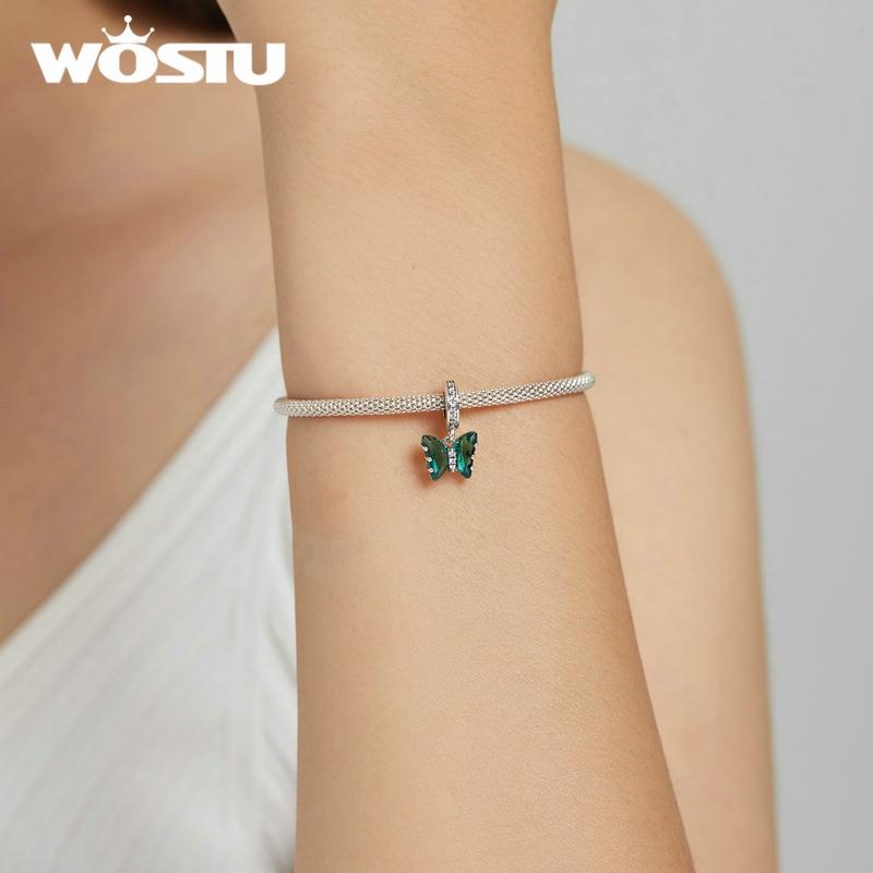 WOSTU Tři barevné korálky se zirkonovým motýlkem 925 se stříbrným přívěskem se hodí pro originální náramek náramek DIY jemné šperky