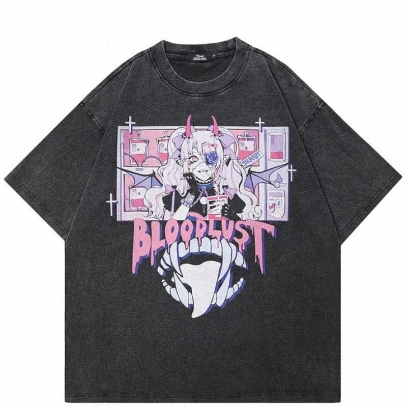 

Fashion Anime Bloodlust Demon Girl Graphic T-Shirt Vintage Distressed Oversized Crew Neck E-Girl Aesthetic Goth Top 3XL