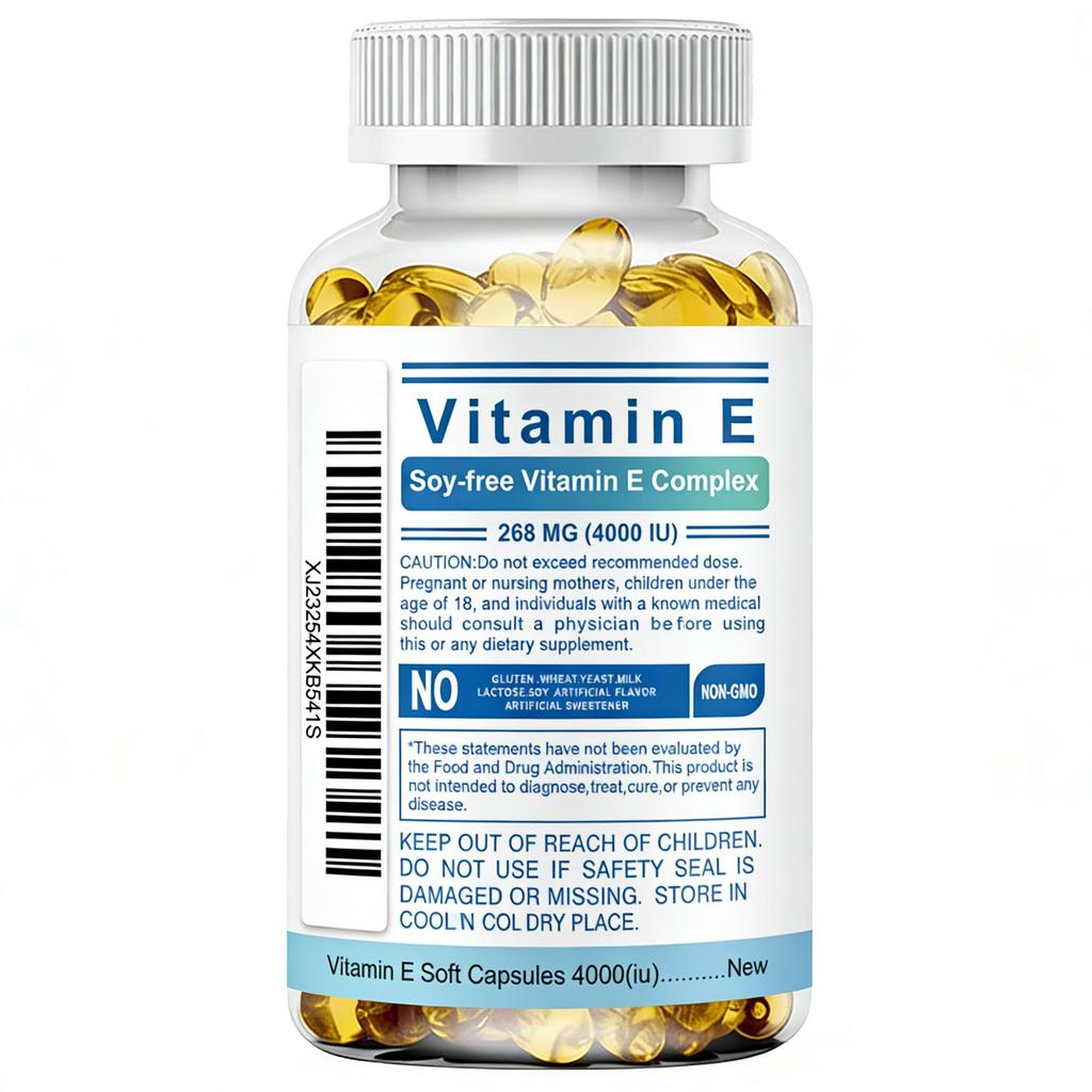 Vitamin E capsules, support antioxidant protection, all-natural, non-GMO, vegetarian, suitable for both men and women.