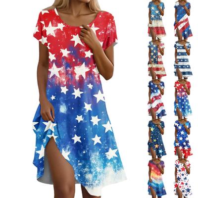Short Sleeve Boho Dress For Women Casual Loose Fit Summer Sundress Print Dress With Pockets