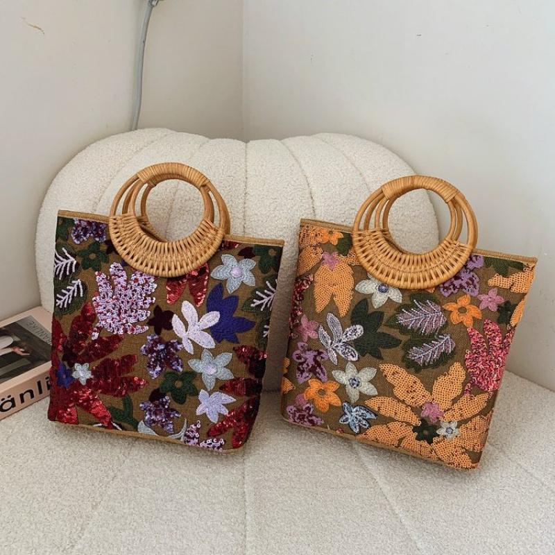 Ethnic Style Flower Embroidery Canvas Tote Bag Large Capacity Handbag For Women Top Handle Shopping Handbags