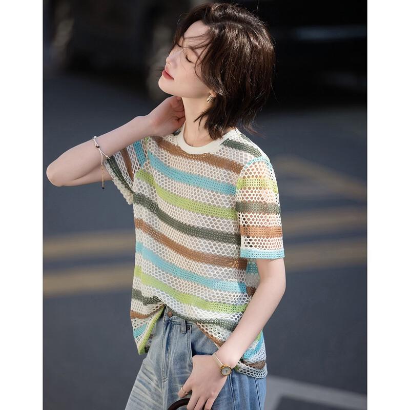 De Mana Women s Cloud Cotton Striped Short-Sleeve T-Shirt S