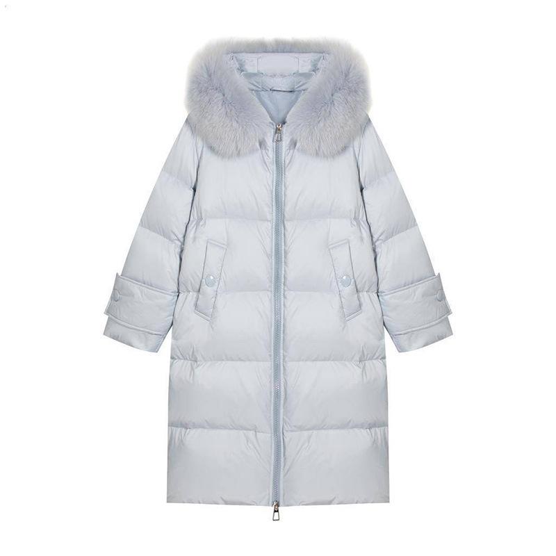Fox fur collar long down jacket women's winter sweet big buckle pockets thickened over the knee white duck down jacket tide