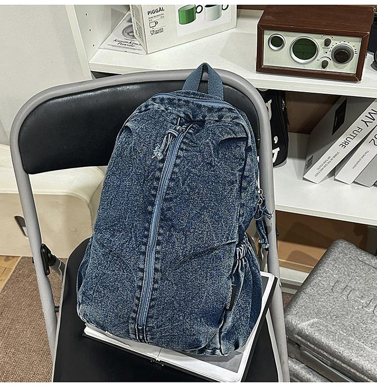 Schoolbag Korean New Denim Backpack High School College Student Simple Casual Schoolbag Large Capacity Travel Backpack